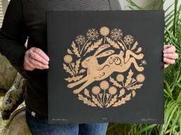 Dandelion Hare Original Linocut Print - Gold On Black Limited Edition Large 39cm Square - thumbnail 1