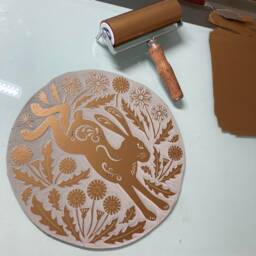 Dandelion Hare Original Linocut Print - Gold On Black Limited Edition Large 39cm Square - thumbnail 3