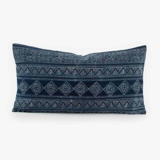 Handspun Hmong Indigo Batik Lumbar Pillow Cover - 13x24 - image 1