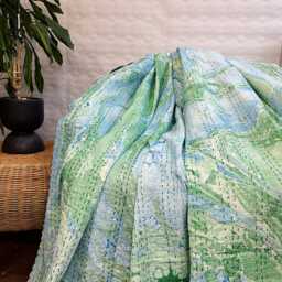 Kantha Stitch Pure Cotton Reversible Bed/Sofa Bedroom Throw King Size Handmade Marble Dohar Summer Pretty Pastel Green Blue Ocean Hue - thumbnail 3