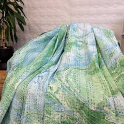 Kantha Stitch Pure Cotton Reversible Bed/Sofa Bedroom Throw King Size Handmade Marble Dohar Summer Pretty Pastel Green Blue Ocean Hue - thumbnail 2