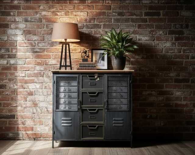 Black Metal Industrial Storage Cabinet - Drawers & Cupboards Sideboard Home Office Organiser Rustic Furniture H88xw93cm - image 1