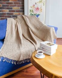 Beige Big Waffle High Quality Turkish Cotton Throw Blanket, Couch Cozy Sofa Cover, Bed Spread, Porch Blanket