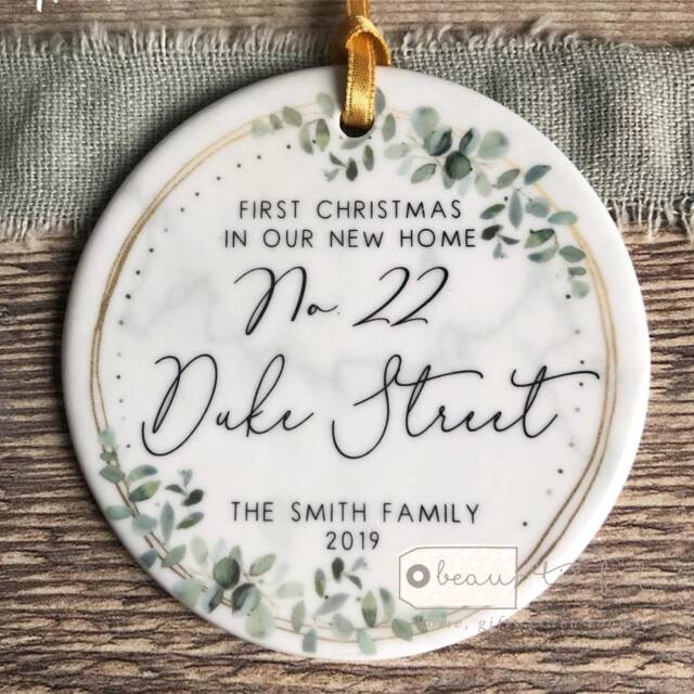 Personalised First Christmas At Address New Home Eucalyptus Botanical Greenery Design Ceramic Or Acrylic Round Ornament Keepsake
