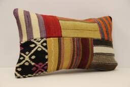 Vintage Turkish Kilim Pillow Cover, Patchwork Wool Lumbar, 12x20 - thumbnail 1