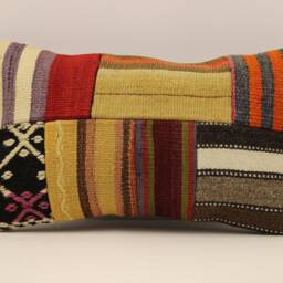 Vintage Turkish Kilim Pillow Cover, Patchwork Wool Lumbar, 12x20 - thumbnail 2