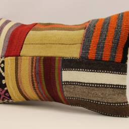 Vintage Turkish Kilim Pillow Cover, Patchwork Wool Lumbar, 12x20 - thumbnail 3