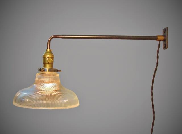 Industrial Wall Light - Vintage Railroad Sconce with Holophane Glass Ribbed Shade Pharmacy Lamp Lighting Steampunk Apothecary - image 1