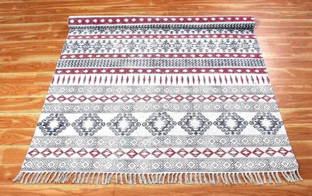Hand Block Printed Cotton Rug Red, Black Kilim Style - image 1