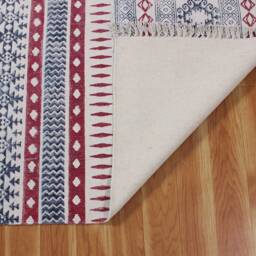 Hand Block Printed Cotton Rug Red, Black Kilim Style - thumbnail 2
