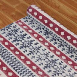 Hand Block Printed Cotton Rug Red, Black Kilim Style - thumbnail 3