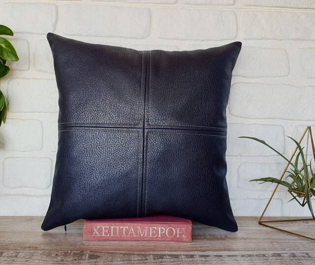 Black Faux Leather Pillow Cover Modern Zen Decorative Stitch - image 1