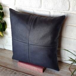 Black Faux Leather Pillow Cover Modern Zen Decorative Stitch - thumbnail 2