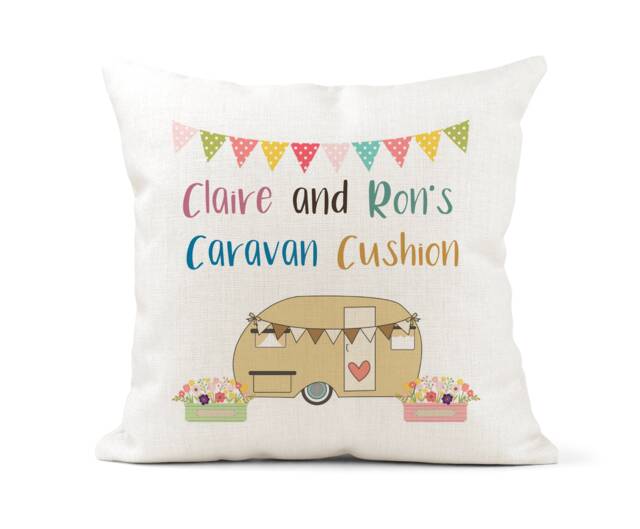 Personalised Caravan Cream Canvas Cushion, Scatter Home Decor, Nan & Grandad Gift, Friends, Sister, Mum, Dad Retirement Keepsake - image 1