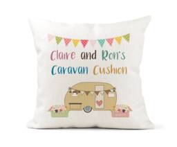 Personalised Caravan Cream Canvas Cushion, Scatter Home Decor, Nan & Grandad Gift, Friends, Sister, Mum, Dad Retirement Keepsake - thumbnail 1