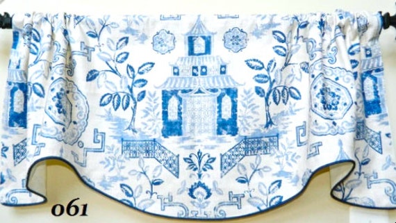 Richloom Tea House Blue-Window Valance Corded Lined Scalloped Rod Pocket Linen Blend Asian Chinoiserie Pattern Made To Order - image 1