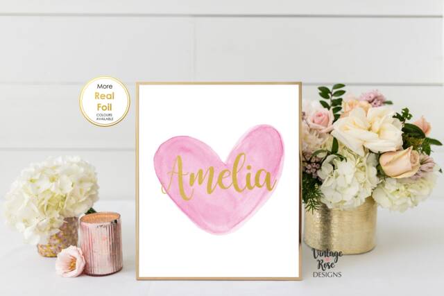 Pink Print For Girls Room, & Gold Wall Art, Heart Room Decor, Nursery Personalised Name Art - image 1