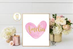 Pink Print For Girls Room, & Gold Wall Art, Heart Room Decor, Nursery Personalised Name Art - thumbnail 1