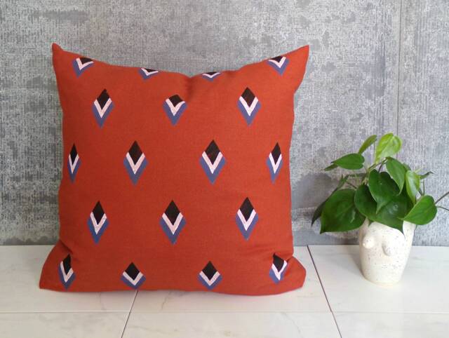Terra Cotta Linen Pillow Cover With Black White & Blue Geometric Shapes/Burnt Orange Barcelona Decorative Throw Cushion Bedding - image 1