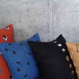 Terra Cotta Linen Pillow Cover With Black White & Blue Geometric Shapes/Burnt Orange Barcelona Decorative Throw Cushion Bedding - thumbnail 4
