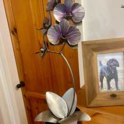 Handmade Orchid Flower Sculpture Silver & Purple Anniversary Ornament Romantic Gift Metal Handcrafted Floral Centre Piece Wedding Present - thumbnail 4