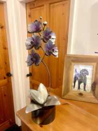 Handmade Orchid Flower Sculpture Silver & Purple Anniversary Ornament Romantic Gift Metal Handcrafted Floral Centre Piece Wedding Present - thumbnail 1