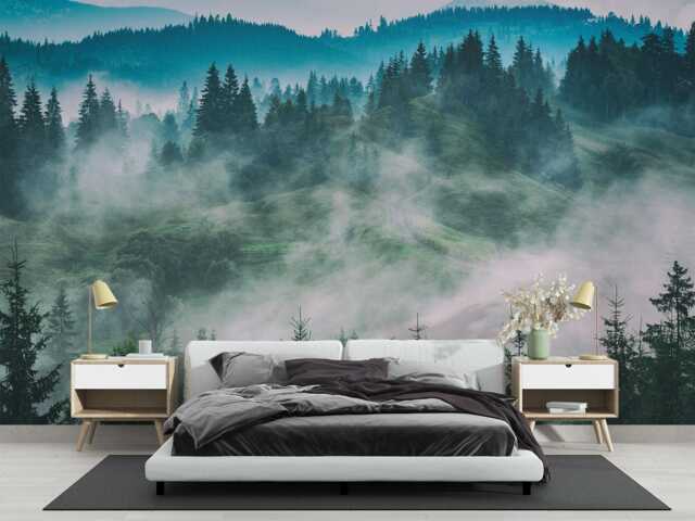 Misty Woodland Wall Mural - Landscape Photo Wallpaper For Bedroom Decor, Self Adhesive Wallmural - image 1