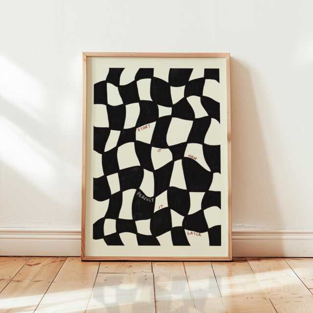 Wavy Checkered Black Art Print, Start It Now, Perfect Later, Mid Century Modern Alternative Abstract Wall Artwork, Unframed - image 1