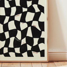 Wavy Checkered Black Art Print, Start It Now, Perfect Later, Mid Century Modern Alternative Abstract Wall Artwork, Unframed - thumbnail 2