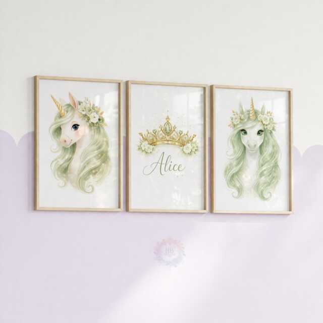 Unicorn Girls Bedroom Prints - Personalised Sage Green Set Of 3, Crown Nursery Wall Art - image 1