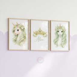 Unicorn Girls Bedroom Prints - Personalised Sage Green Set Of 3, Crown Nursery Wall Art - thumbnail 1