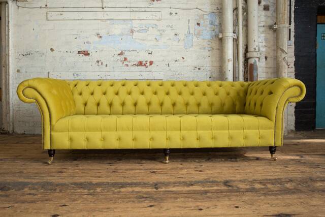 British Handmade 4 Seater Bright Yellow Velvet Fabric Chesterfield Sofa - image 1