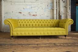 British Handmade 4 Seater Bright Yellow Velvet Fabric Chesterfield Sofa - thumbnail 1