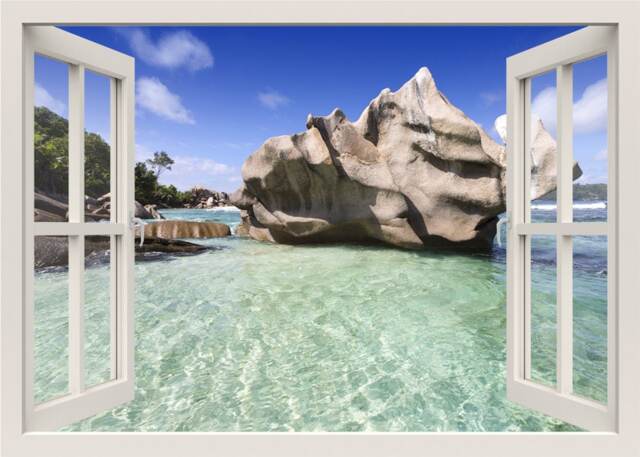 Seychelles Wall Decal, Sea View Shore Rocks Sticker, 3D Window Nature Living Room Home Decor