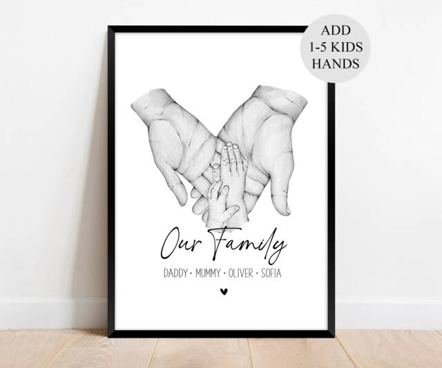 Personalised Family Hands Print, Valentines Day Gift For Her. Custom Sketch Prints, New Baby Mum. Shower, Newborn - image 1
