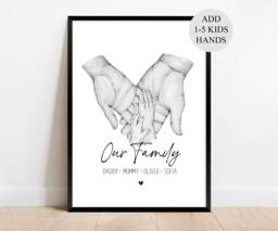 Personalised Family Hands Print, Valentines Day Gift For Her. Custom Sketch Prints, New Baby Mum. Shower, Newborn - thumbnail 1