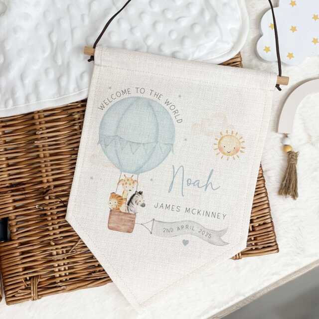 New Baby Boy Gift, Personalised Hanging Linen Wall Pennant, Welcome Nursery Bedroom Decor, Christening Gift - image 1