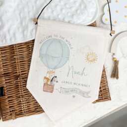 New Baby Boy Gift, Personalised Hanging Linen Wall Pennant, Welcome Nursery Bedroom Decor, Christening Gift - thumbnail 1
