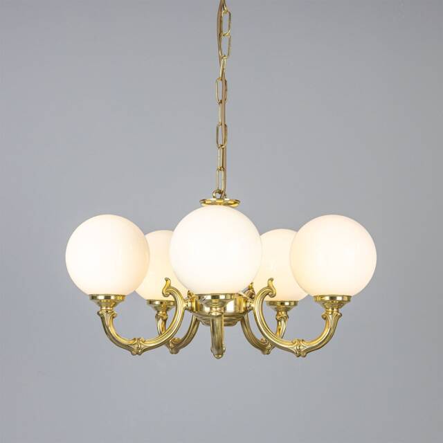Ben Ornate Brass Chandelier With Opal Glass Globes, Five-Arm - image 1