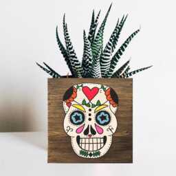 Hand-Painted Sugar Skull Wood Planter, Rustic Halloween Decor - thumbnail 1