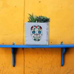 Hand-Painted Sugar Skull Wood Planter, Rustic Halloween Decor - thumbnail 2