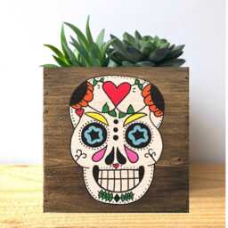 Hand-Painted Sugar Skull Wood Planter, Rustic Halloween Decor - thumbnail 3