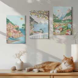 Canvas Art Set Of 3 - Seaside Views With Pastel-Colored Houses, Turquoise Print On Canvas, Landscapes Wall Decor