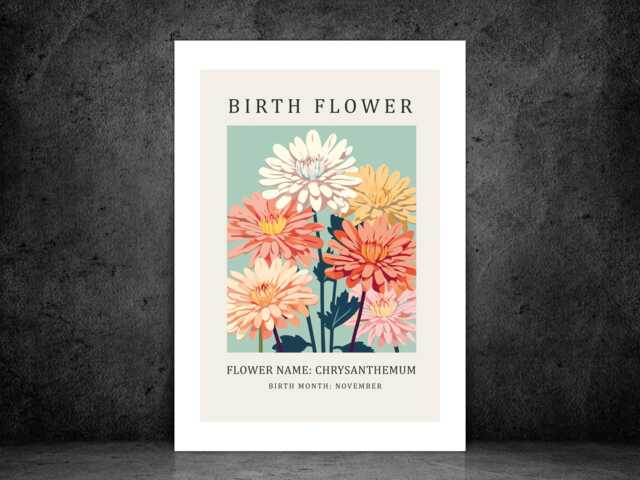 Birth Flower Print November Chrysanthemum - Birthday Month Poster Botanical Wall Art Gift Idea A5 A4 A3 Framed Or Unframed - image 1