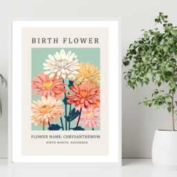 Birth Flower Print November Chrysanthemum - Birthday Month Poster Botanical Wall Art Gift Idea A5 A4 A3 Framed Or Unframed - thumbnail 3