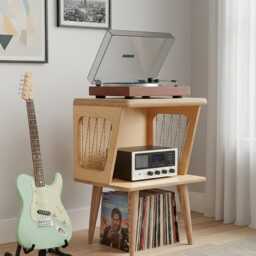 Plywood Turntable Stand, Mid Century Modern Record Player Table, Vinyl Storage - thumbnail 2