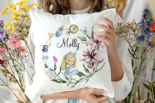 Personalised Alice in Wonderland Cushion Custom Name Gift For Kids, Book Lovers Nursery Decor - image 1