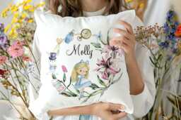 Personalised Alice in Wonderland Cushion Custom Name Gift For Kids, Book Lovers Nursery Decor - thumbnail 1