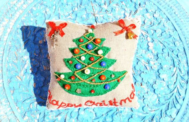 Christmas Cushion, Embroidery Pillow, New Year Line Miniuture Rustic Decorative Pillows, Kids Linen Cushion - image 1