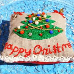 Christmas Cushion, Embroidery Pillow, New Year Line Miniuture Rustic Decorative Pillows, Kids Linen Cushion - thumbnail 2